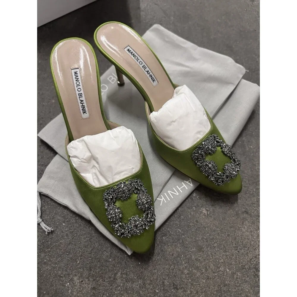 Manolo Blahnik Satin Hangisimu 70 Mule Heels Green Satin - Picture 5 of 13